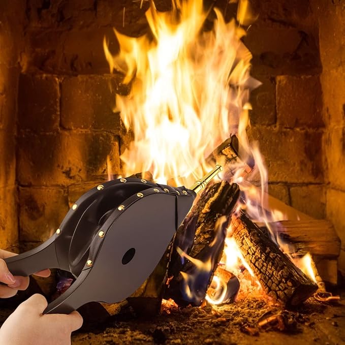 Oak Leaf Fire Bellows, 15.5" x 7" Fireplace Bellows Wood Air Blower for Fire Pit Indoor Outdoor Wood Stove Barbecue Fireplace Camping, Hand Bellows with Hanging Strap and Zinc Alloy Nozzle