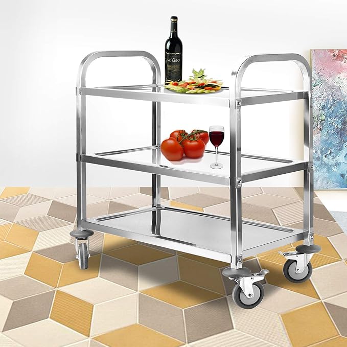 Nisorpa 3 Tier Stainless Steel Utility Cart L37.4 x W19.68 x H37.4 Inch Kitchen Rolling Carts with Wheels Serving Trolley Catering Storage Shelf with 2 Lockable Wheels for Hotel Restaurant Home Use