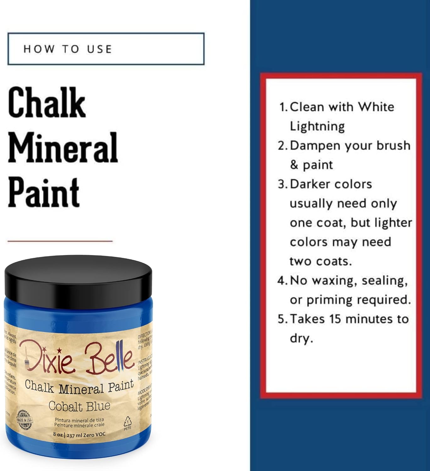 Dixie Belle Paint Company Chalk Finish Furniture Paint - Cobalt Blue (8oz) - Matte Vibrant Blue Chic Chalk Mineral DIY Furniture Paint