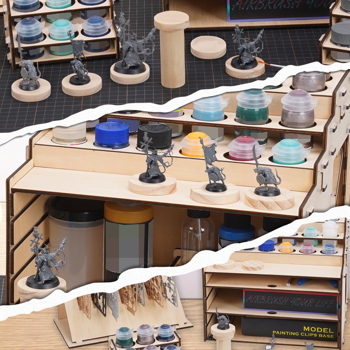 Model Paint Holder with Adjustable Storage, Wooden Miniature Model Paints Organizer for 36 Paint Holes and 36 Holes of Painting Brushes wtih Model Pieces Shelf