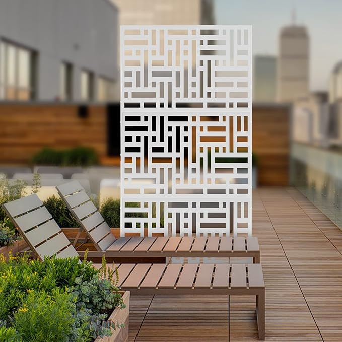 Privacy Screen, 35.4" W x 74.4" H Metal Outdoor Decorative Privacy Screen Outdoor Freestanding Divider with Stand Black for Patio Garden Balcony Backyard