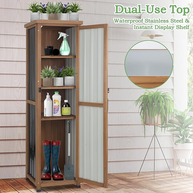 PetsCosset 62" H Narrow Outdoor Storage Cabinet with Metal Top, Outdoor Indoor Storage Cabinet Waterproof with Adjustable Shelves for Corner, Patio, Garden, Porch, Laundry Room or Entryway Storage
