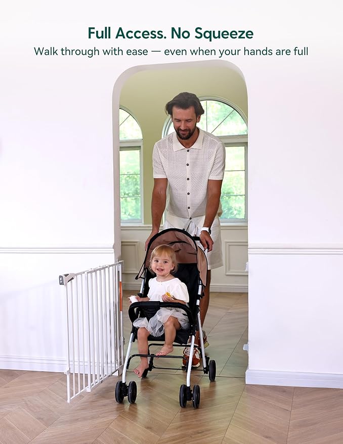 Babelio Baby Gate for Stairs, Kitchen & Doorways, No Bottom Bar| Easy Installation| One-Handed Operation| Auto-Close| Hardware Mount (Drill Needed) Safety Dog Gate (White - B17, 24-39" W, 28" H)