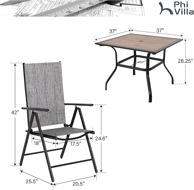 PHI VILLA 5-Piece Patio Dining Set with Umbrella Hole, Patio Table and Chairs Set with Square Wooden-Like Table & Folding Patio Chairs (Grey)