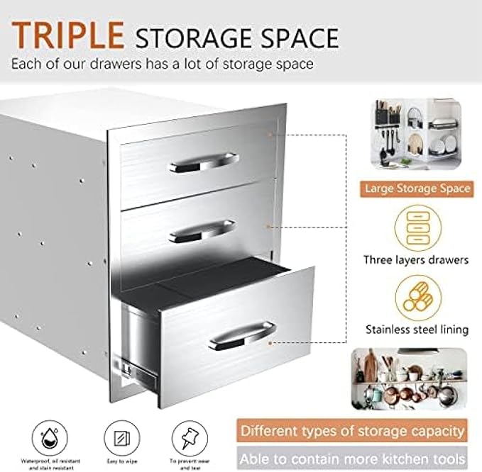 Stainless Steel Outdoor Kitchen Drawers - 3-Drawer BBQ Drawer, Built-in, Flush Mount - 20Wx23Dx27H