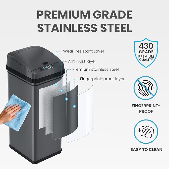 iTouchless 50 Liter / 13 Gallon Kitchen Trash Can with Lid & AbsorbX Odor Filter – Motion Sensor Gunmetal Gray Stainless Steel Garbage Bin for Home, Office, or Garage – Slim, Large Capacity Design