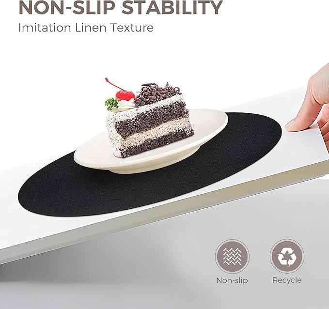13" Round Placemats Set of 12, Reversible Faux Leather Heat Resistant Table Mats, 100% Waterproof Oilproof Wipeable Table Protective Placemats for Vinyl, Washable for Indoor (12, Black)