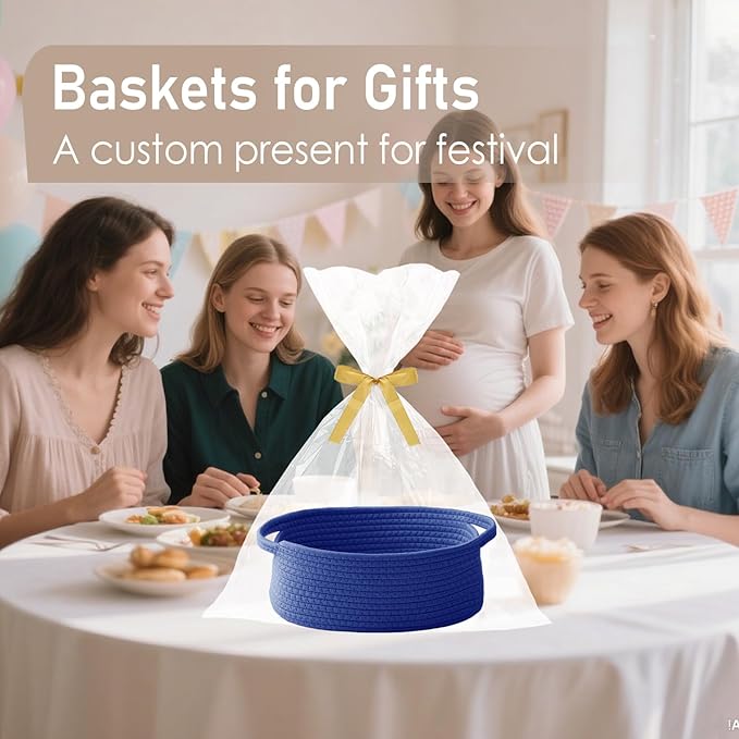 Woven Basket,Small Rope Storage Bin with Handles & Ribbon Bag, Organizer for Shelves Closets,Gift Basket Empty for Birthday,Books,Dog Toys, Navy Blue