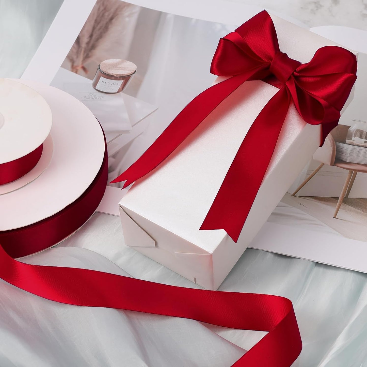 LaRibbons 1 1/2 Inch 50 Yard Double Faced Satin Ribbon,Red Satin Craft Fabric Ribbon for Gift Wrapping Floral Bouquets Wedding Party Decoration