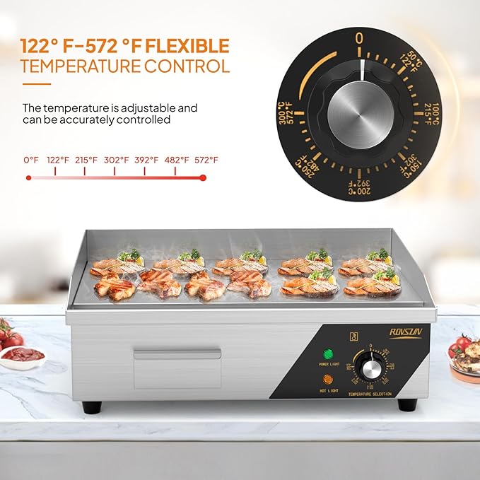 ROVSUN 22" Electric Countertop Flat Top Griddle, 1600W Electric Griddle, Teppanyaki Grill Stainless Steel with Adjustable Temperature Control 122°F-572°F for Home Restaurant Commercial
