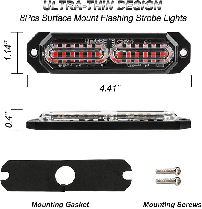 ASPL 8pcs Sync Feature Ultra Slim 12-LED Surface Mount Flashing Strobe Lights for Truck Car Vehicle LED Mini Grille Light Head Emergency Beacon Hazard Warning Lights (Red)