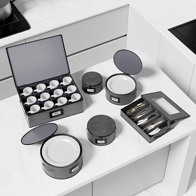 Aokeyee China Storage Containers- 6 Piece Set Hard Shell Moving Box for Dishes, Plate, Mugs, Cups, Silverware, Flatware, Saucers, Dinnerware, Sturdy Quilted Organizer with Soft Dividers, Handles, Grey