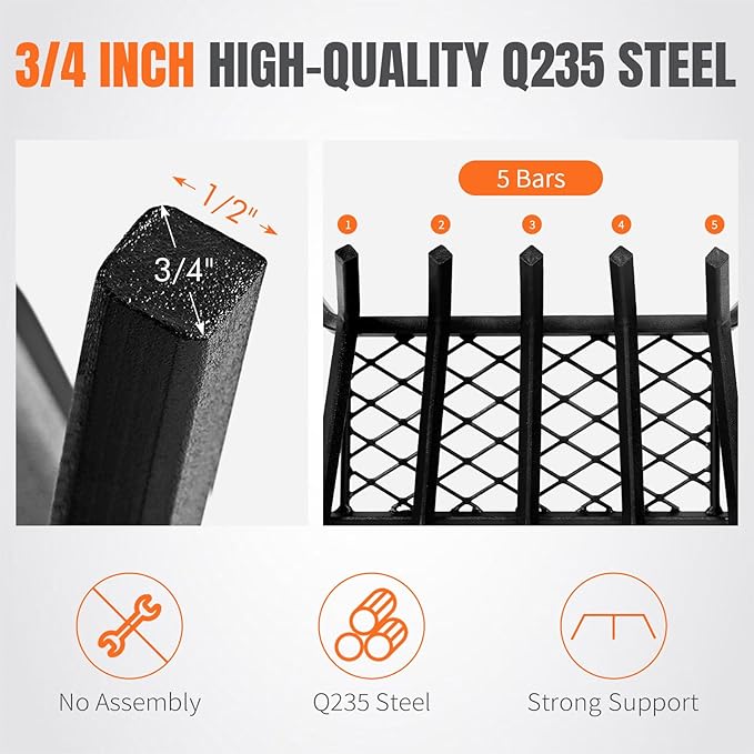 Fireplace Grates with Ember Retainer - 17 Inch Fireplace Log Grate, Firewood Wood Log Holder Rack, Inside Wrought Cast Iron Fire Grate for Hearth Indoor Outdoor Camping