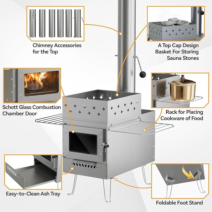 Sauna Hot Tent Stove, Portable Wood Burning Stove for Outdoor Camping with Chimney Pipe for Dry Sauna, Cooking for Family and Friends, Upgraded Heat Concentration System with Sauna Stones Baskets