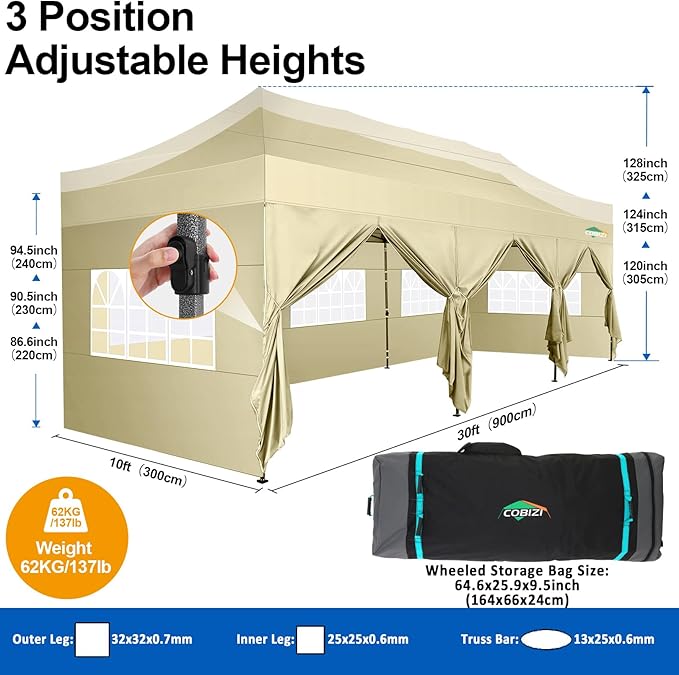 COBIZI 10x30 Pop up Canopy Tent 10x30 Canopy with 8 Sidewalls Waterproof Heavy Duty Commercial Canopy Tent for Parties Outdoor Garden Gazebo, Carry Bag with Wheel(10x30ft,Khaki)