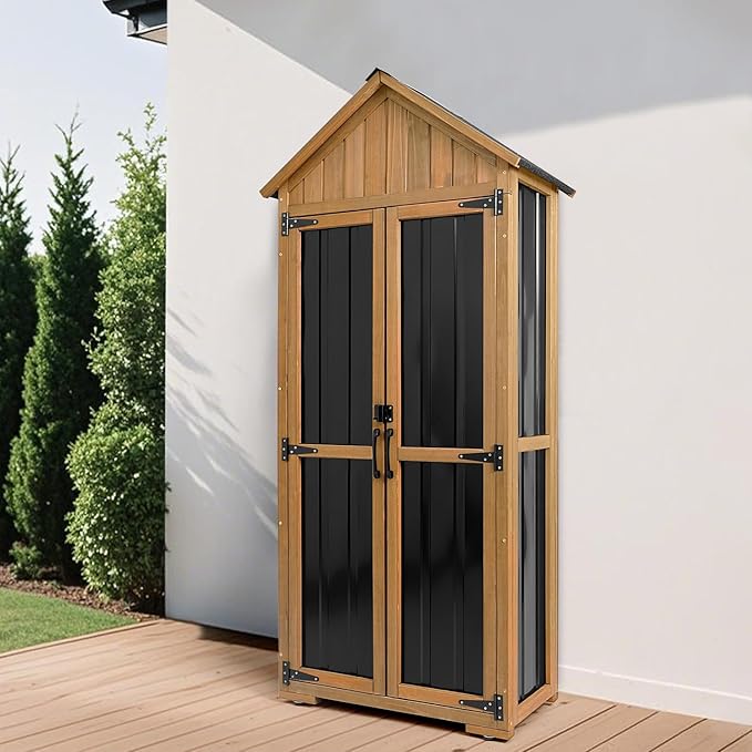 Outdoor Storage Cabinet Waterproof, Outdoor Storage Shed with Shelves, Wood & Metal Patio Backyard Garden Storage Cabinet Tool Organizer for Outside