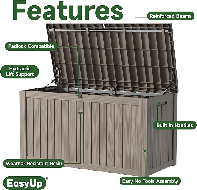 EasyUp 180 Gallon Outdoor Storage Box Waterproof, UV Resistant Resin Deck Box with Hydraulic Rod, Reinforced Stability for Patio, Garden, and Pool, Striped Gray