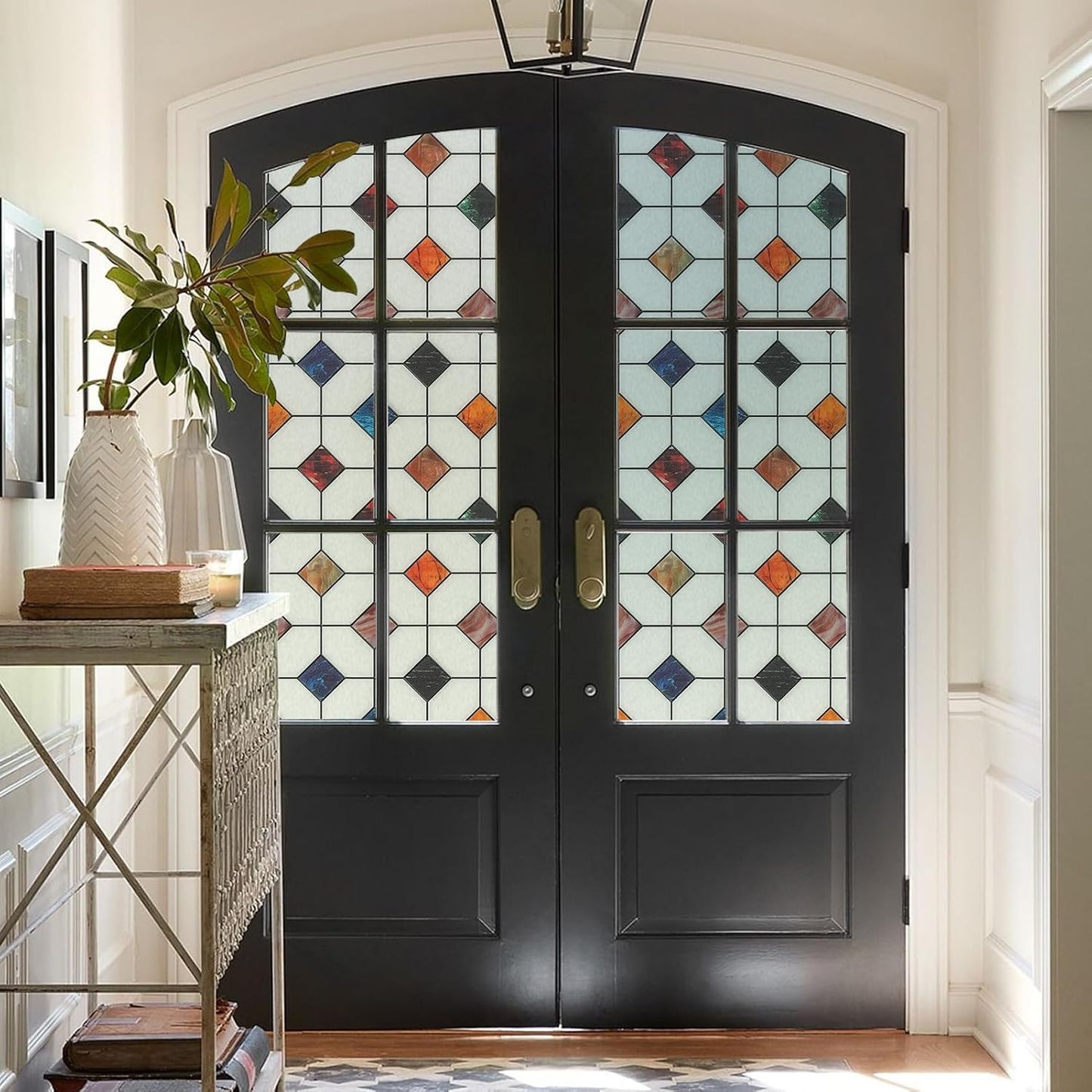 DKTIE Stained Glass Window Film Geometric Patterns, Fine Frosted Window Clings for Glass Windows, Waterproof for Bathroom Window Privacy Film Day and Night (S533, 17.7in X 78.7in)