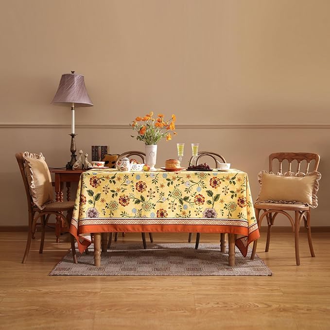 Vintage Linen Tablecloth for Square Table,Yellow Floral French Wrinkle Free Tablecloths,Decorative Table Cover for Kitchen,Dining,Thanksgiving,Party,Farmhouse,67" × 67"-Bellano