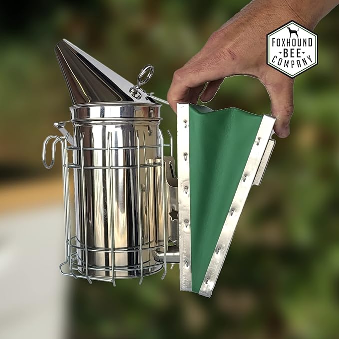 Foxhound Bee Co Stainless Steel 11-inch Smoker for Beekeeping with Heat Chamber, Burn Shield, Green Bellow and Heavy Duty Features for Producing Smoke when Working Bee Hives