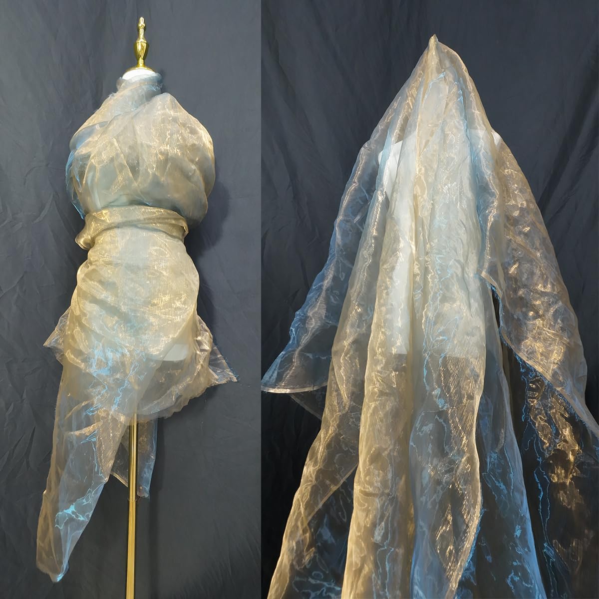 Two-Tone Iridescent Holographic Organza Fabric - 5.5 Yards by The Yard | Lightweight Sheer Tulle | for Wedding Dresses, Party Decor, DIY Crafts, Shiny Backdrops(Orange-Gold & Blue Sheen)