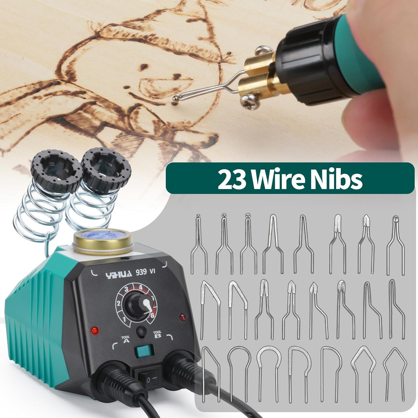 YIHUA 939-VI Dual Wood Burning Pen Wood Burning Kit with 23 Wire Nib in Varied Shapes, Detachable Pyrography Pen, 6 Wood Pieces, 6 Stencils and Screw Driver, Tweezers Used as Wood Burning Tool
