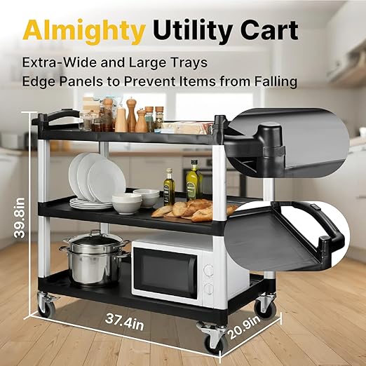 NorthSky Select Dual-Handle Utility Cart, 3 Shelves, 440 lb. Cap - Plastic Shelves, Swivel Casters - Ideal for Office, Garage, Janitorial Transport & Storage