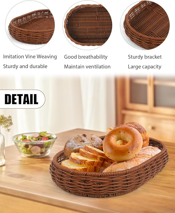 Woven Bread Basket, 3 Pack Wicker Fruit Baskets Rattan Bread Basket Poly Wicker Bread Baskets With Handles For Food Serving, Display, Vegetables, Home Kitchen, Restaurant, Outdoor (Oval set)