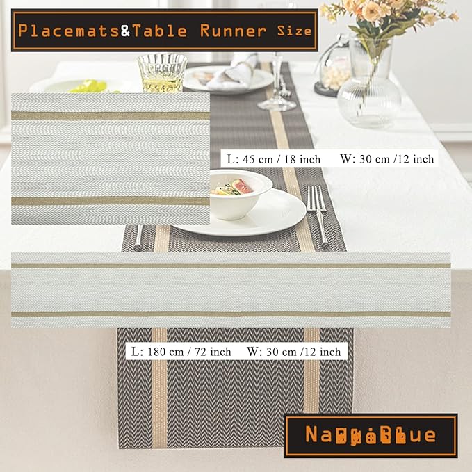PIGCHCY Luxurious Placemats and Table Runner Set, Stylish Durable Placemats Set of 6 for Home Wedding Hotel Decoration (Beige White)