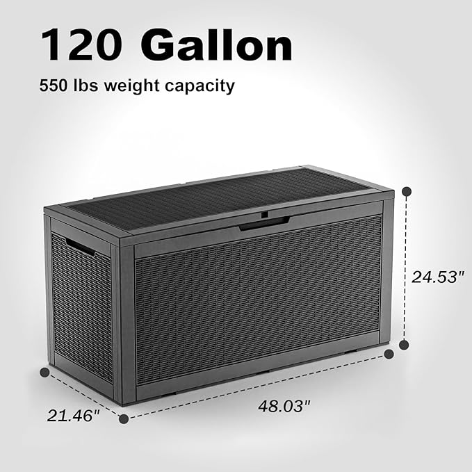 EasyUp 120 Gallon Outdoor Storage Box Waterproof, UV Resistant Resin Deck Box with Hydraulic Rod, Reinforced Stability for Patio, Garden, Rattan Black