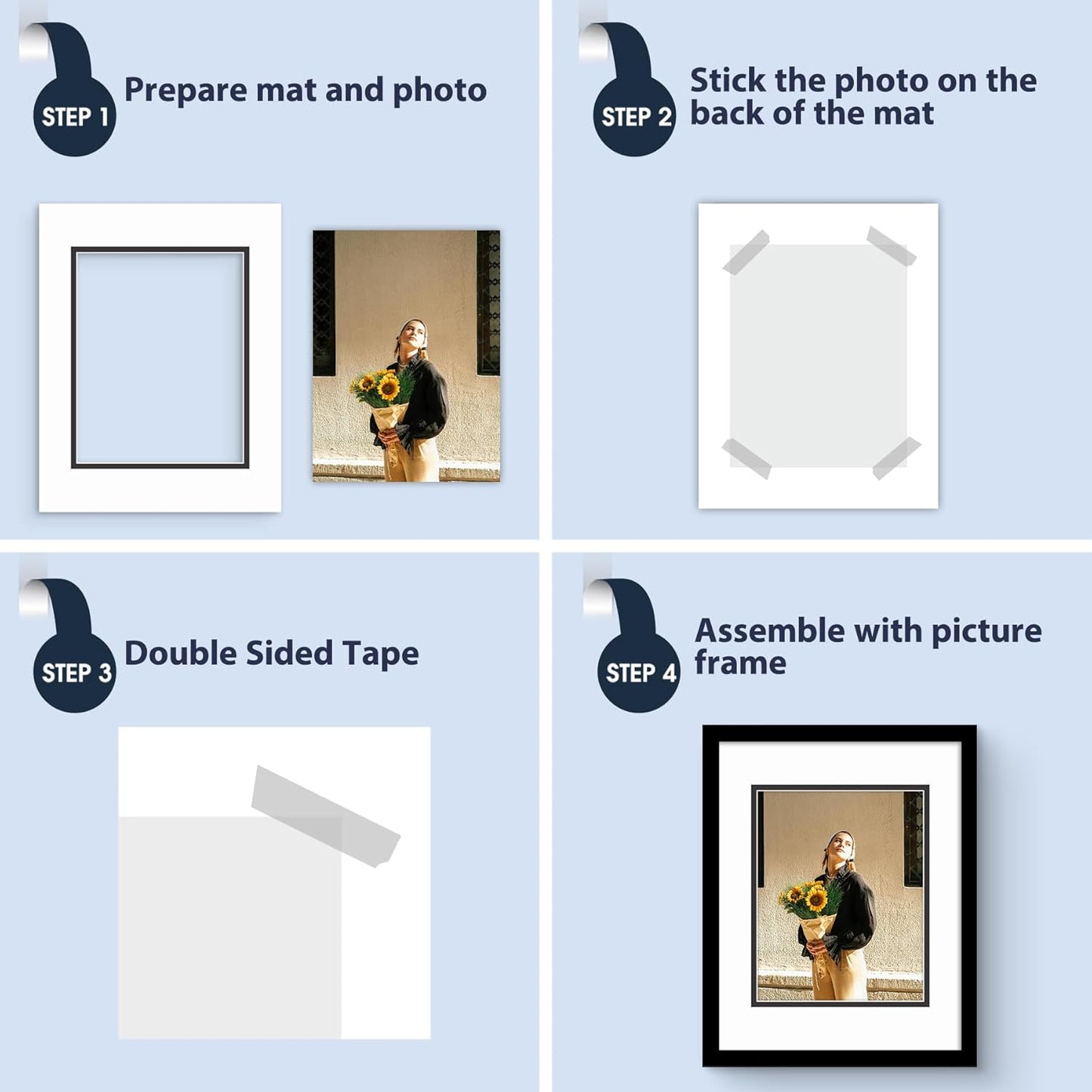 Mat Board Center, Double Mat - Acid Free, 8-ply Thickness, White Core - for Pictures, Photos, Framing (White Over Black, 11x14 for 8x10, Pack of 5)