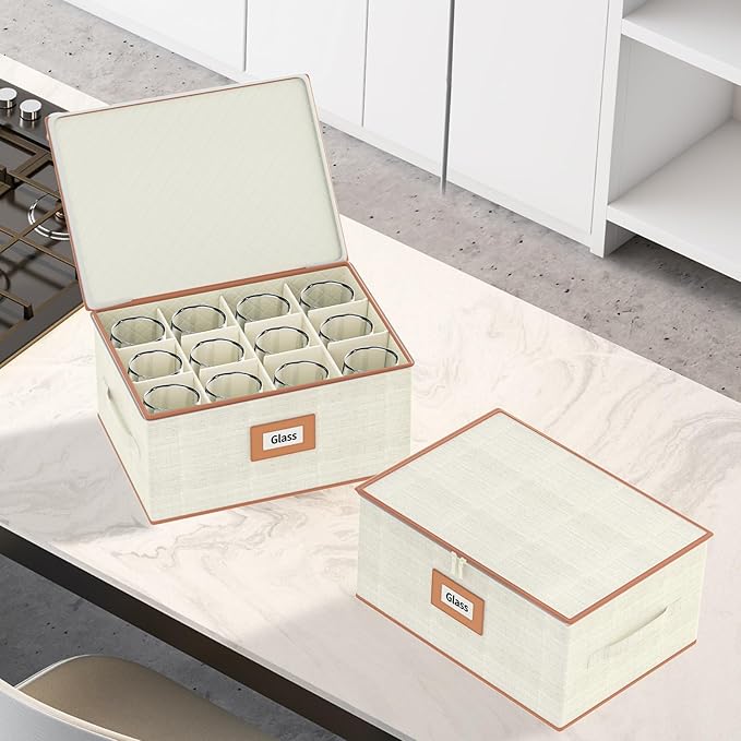 Aokeyee Wine Glass Storage Box Containers with Dividers - 2 Pack Stemware Storage Cases for 24 Crystal Glasses, Drinkware, Hard Shell for Moving & Protection(17'' x 12.8'' x 10.25'', Ivory)
