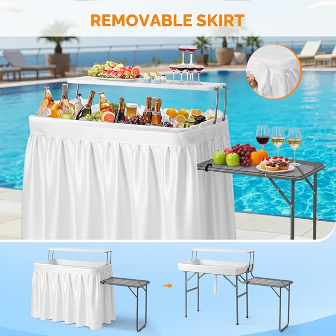 VINGLI Ice Table with Extra Storage Shelf,Side Table, Portasble Cooler Side Table with Removable Skirt, Patio Table, Indoor & Outdoor Bar for Events, Parties and Camping