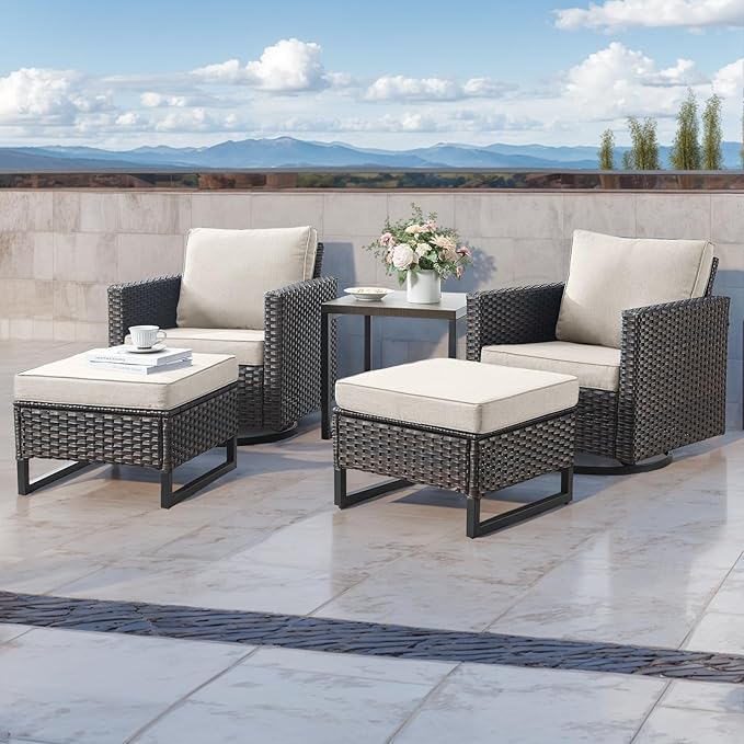 HUMMUH Outdoor Ottomans for Patio Set of 2 PE Wicker Outdoor Footstool with Removable Weather-Resistant Cushions for Patio, Backyard