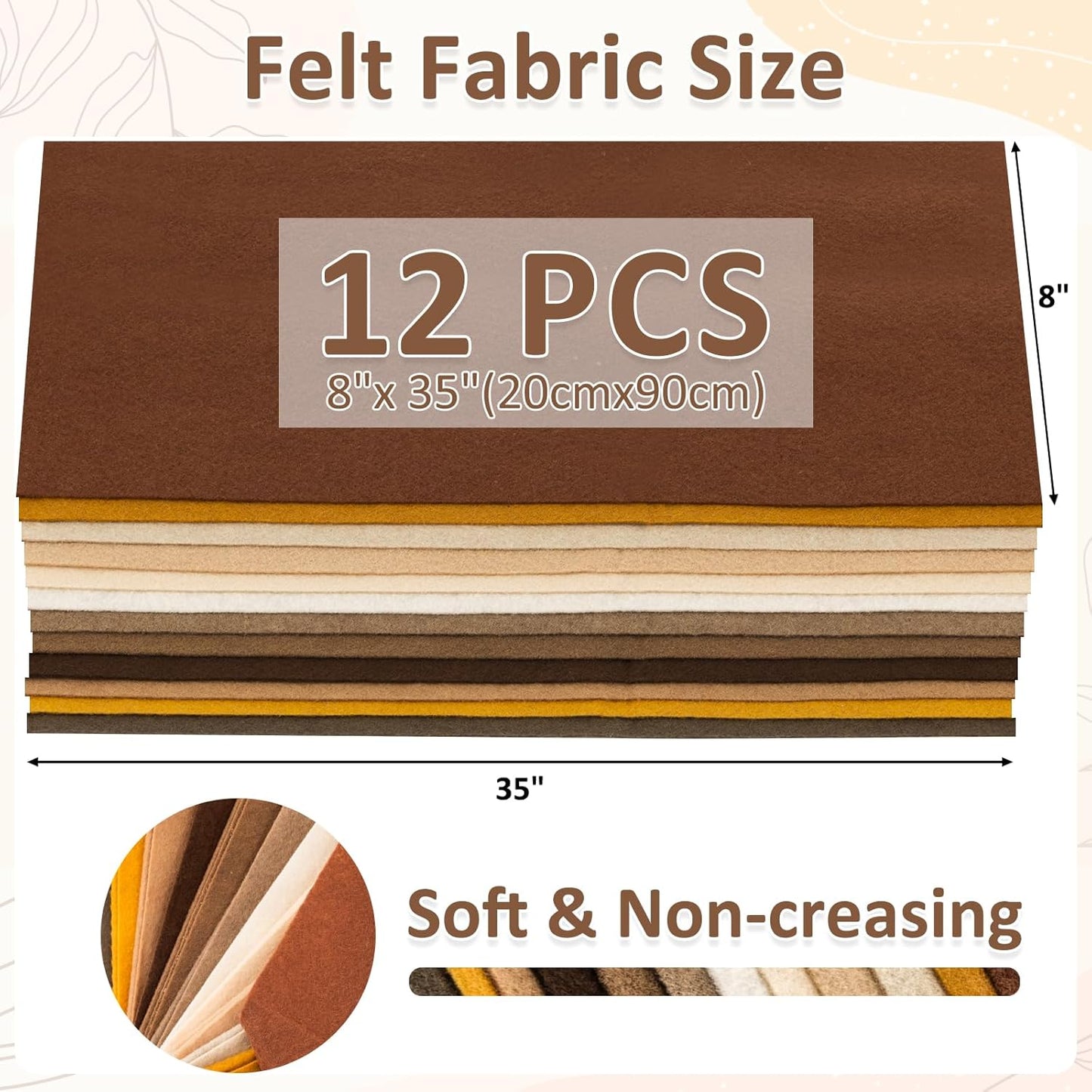 XSEINO 12 Rolls 8"x35"(20.5x90cm) 1.4mm Thick Soft Felt Fabric Sheet 12 Assorted Brown Series Colors Felt Pack for DIY Craft Sewing Squares Nonwoven Patchwork