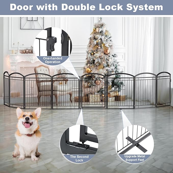 Full Metal Free Standing Dog Gate with Door for Indoor Outdoor, 192'' Extra Wide 36'' Tall Dog Gate for Doorways,Large Openings,Decks,Pet Puppy Freestanding Safety Fence(8 Panels,Black)