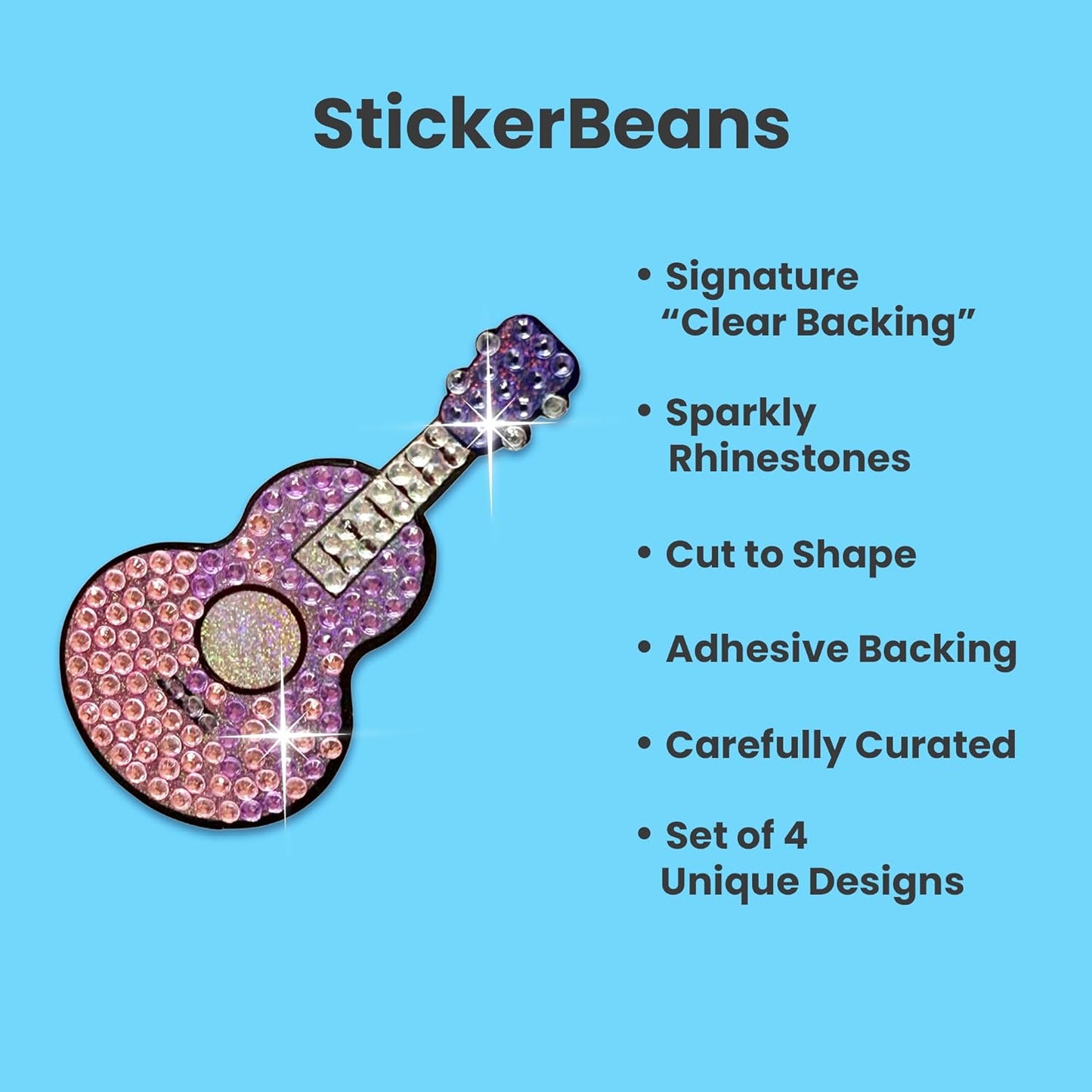 StickerBeans® Rhinestone Stickers – I Love Music 4-Pack, 2” x 2” Unique Sparkly Cut-to-Shape for Collecting, Trading, Decorating Laptops, Phone Cases, Scrapbooks - Kids, Teens, Adults