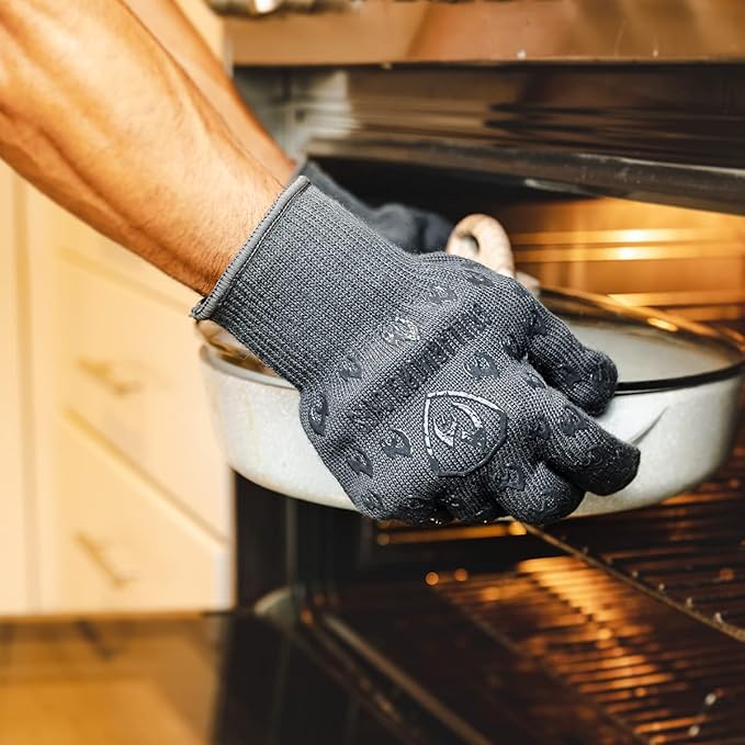 Oven Gloves with Fingers - 932°F Extreme Heat Proof and Cut Resistant Mitts for Kitchen, BBQ, Grill, Baking, Fire Pit - EN407 Certified with Non-Slip Silicone Grip and Cotton Lined for Comfort