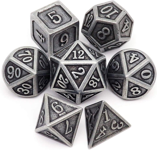 Haxtec Antique Iron Metal DND Dice Set Silver D&D Polyhedral Dice W/PU Leather Dice Bag Compatible with Dungeons and Dragons Gift TTRPG