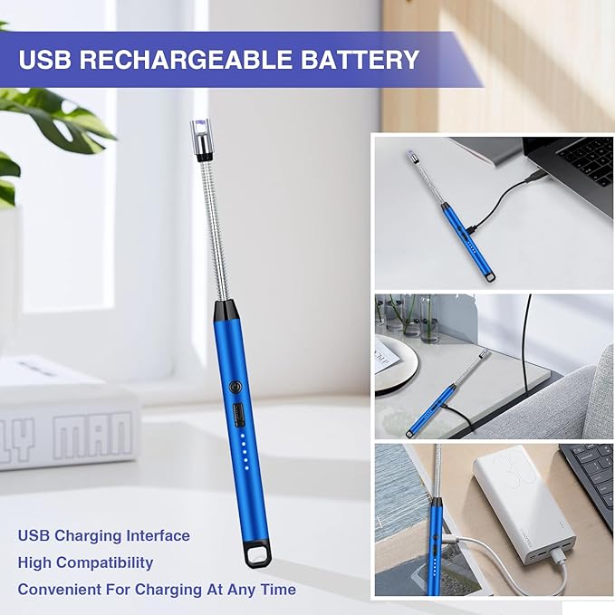 2 PCS Candle Lighter, Electric Lighter Arc Windproof Flameless with 360° Flexible Neck & LED Power Display, Lighters for Candle for BBQ, Grill, Camping, Fireplace, Stove(Blue)