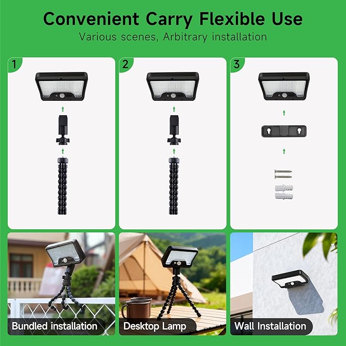 Solar Motion Lights Outdoor with Flexible Octopus Tripod, 12V Low Voltage Lights with Type-C USB, IP65 Waterproof Directional Fixture Black for Fence Travel [2-Pack]