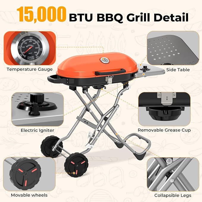 RoadTrip Portable Propane Gas Grill,15,000 BTU BBQ Grill with Top Cover Lid,Folding Legs & 2 Wheels, 406 sq.in. Grilling Areas, Built-in Thermometer, Barbecue Gas Grill for Patio,Party,Orange