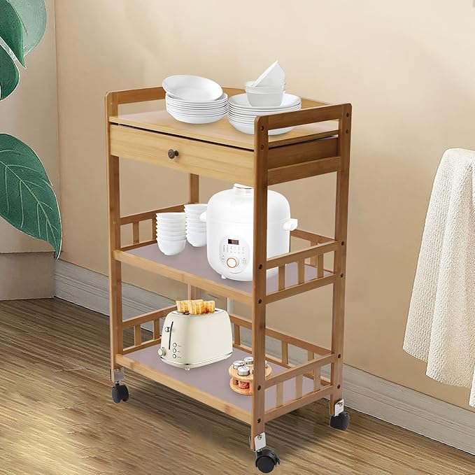 Bamboo Serving Cart with Drawer and Fence Rail, Kitchen Storage Organizer Trolley with Silent Wheels for Home Dining Room and Outdoor Use Natural Finish 53x30x80 cm Ideal for Families and Entertainers