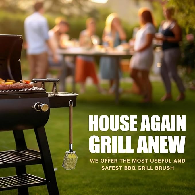HOUSE AGAIN Grill Brush Bristle Free with Scraper, Safe Steam Cleaned Replaceable Head Fire Resistant Grill Cleaning Brush Strong Barbecue Brush Cleaner Non Wire for Outdoor Grill Grate/Wooden Handle