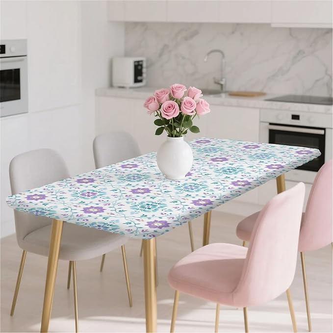 Rectangle Table Cloth Cover Waterproof Elastic Fitted Polyester Fitted Tablecloths for 4 Foot Tables for Indoor,Picnic, Camping, Outdoor （48" x 30"，Geometric Flowers）