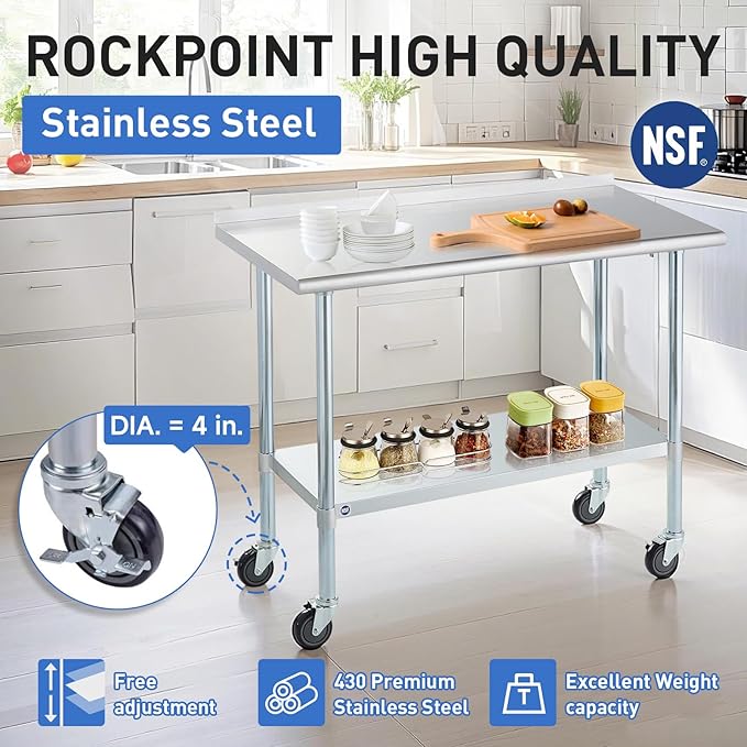 Stainless Steel Table for Prep & Work with Caster & Backsplash 24x60 Inches, NSF Metal Commercial Kitchen Heavy Duty Table with Adjustable Under Shelf and Table Foot for Restaurant, Home and Hotel