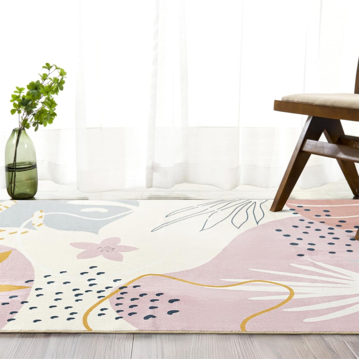 RoomTalks Cute Pink Nuresry Rug Washable, Boho Modern Contemporary Aesthetic 5x7 Area Rugs for Bedroom Dining Living Room Dorm, Abstract Art Tropical Leaves Thin Indoor Entryway Rug Carpet