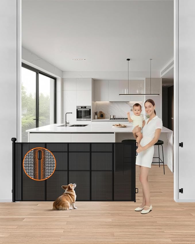 Upgraded Retractable Baby Gate - 71" Wide 34" Tall Mesh Child Safety Gate with High-Density Reinforced Rods, Easy One-Hand Operation Retractable Dog Gate, Fits Baseboards, Black