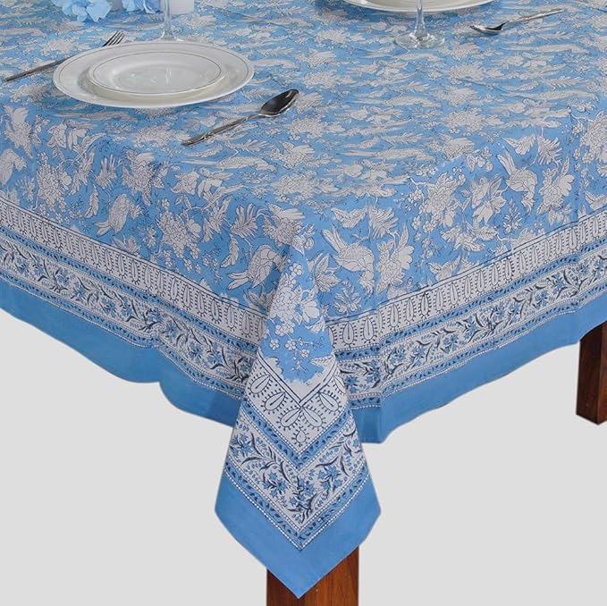 CPC Blue Sapphire 80X120 Inch Rectangle Tablecloth Cotton Indian Block Print Tablecloth Handmade Printed Washable Cotton Table Cloth Spring Summer Weding Table Cover