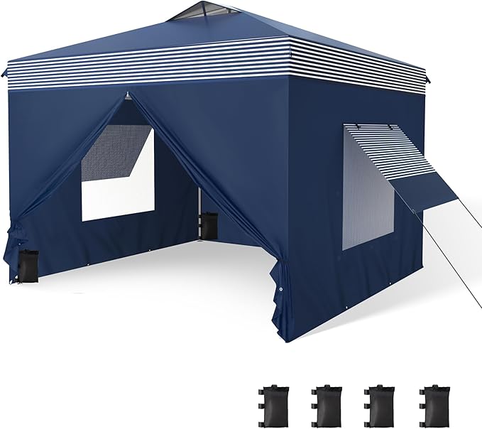 PHI VILLA 10x10 Pop Up Canopy Tent with Sidewalls - Easy Up Tent with Mesh Windows for Ventilation, Waterproof Design - Ideal for Parties, Beach, and Outdoor Events (Navy Stripe)